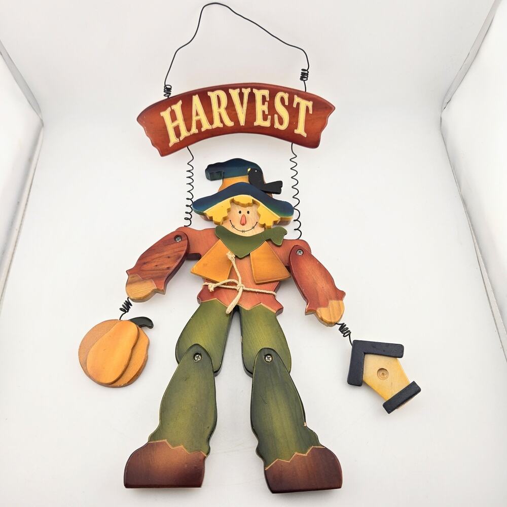 Fall Harvest Scarecrow Hanging Wooden Wall Sign Articulated Jointed Decor